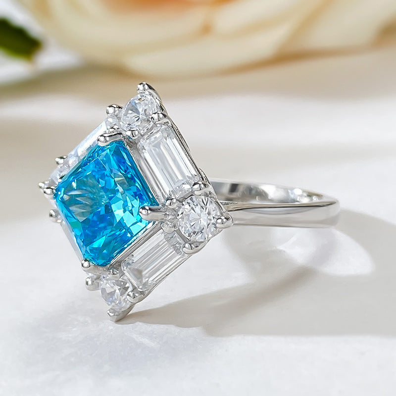 Sterling Silver Boho Chic Square Ring with Blue Synthetic Stone and Baguette Accents