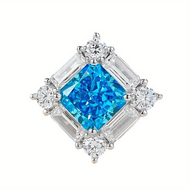 Sterling Silver Boho Chic Square Ring with Blue Synthetic Stone and Baguette Accents