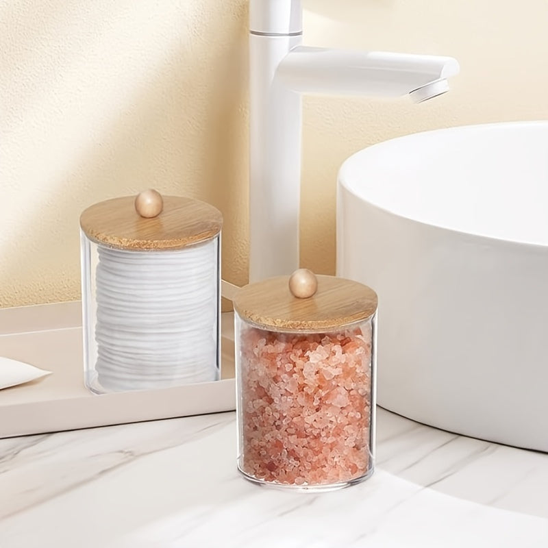 Clear Plastic Storage Jars with Bamboo Lids for Bathroom Organization