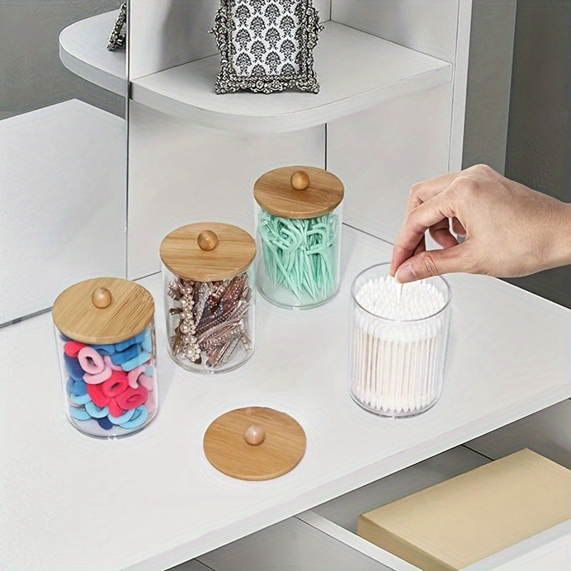 Clear Plastic Storage Jars with Bamboo Lids for Bathroom Organization