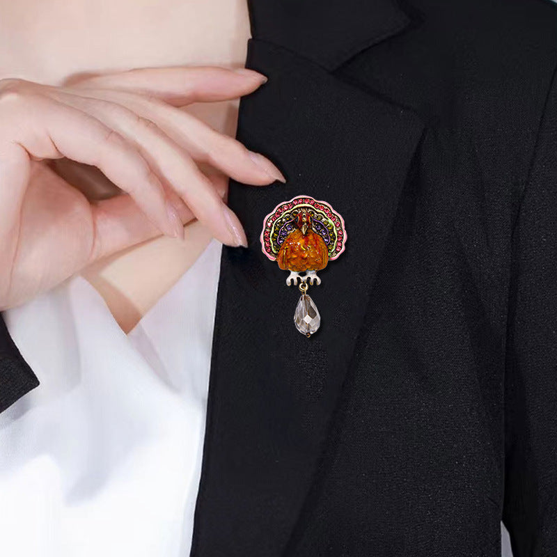 Enamel Turkey Brooch Pin for Thanksgiving and Holiday Events Fashion Accessory