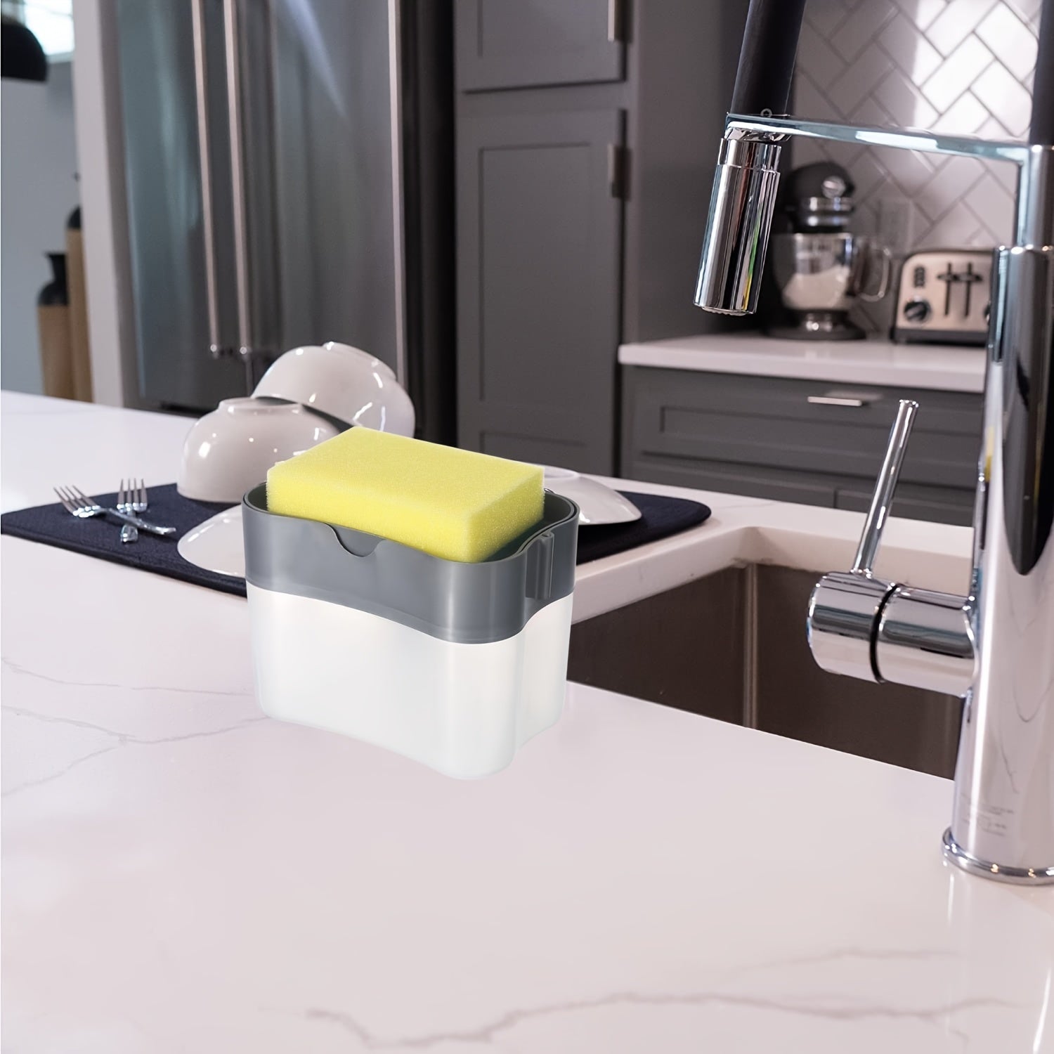 Gray Countertop Organizer with Dish Soap Pump and Sponge Holder
