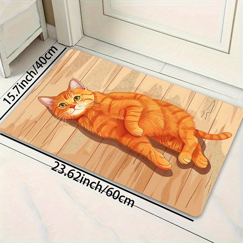 Rectangular Orange Cat Floor Mat, Machine Washable, Entryway Kitchen Living Room