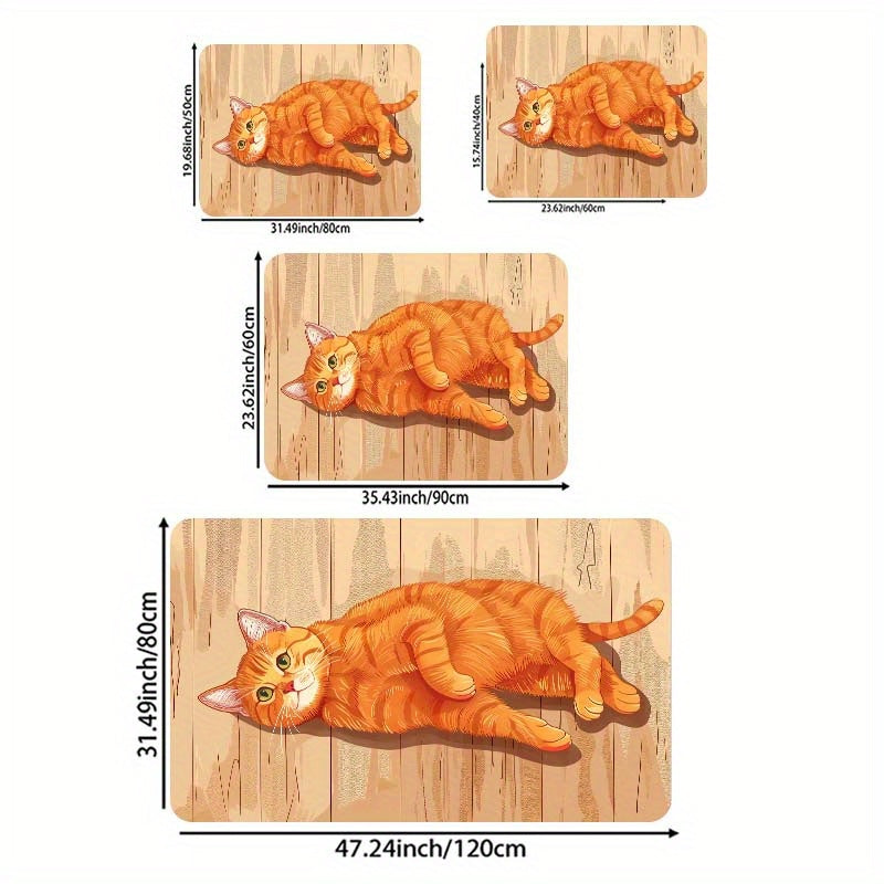 Rectangular Orange Cat Floor Mat, Machine Washable, Entryway Kitchen Living Room