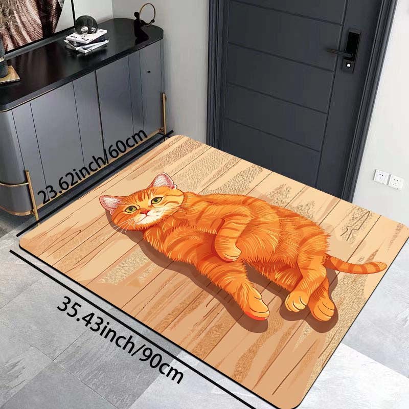 Rectangular Orange Cat Floor Mat, Machine Washable, Entryway Kitchen Living Room