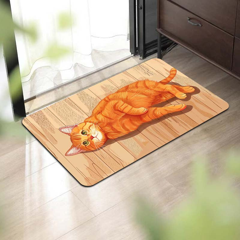 Rectangular Orange Cat Floor Mat, Machine Washable, Entryway Kitchen Living Room