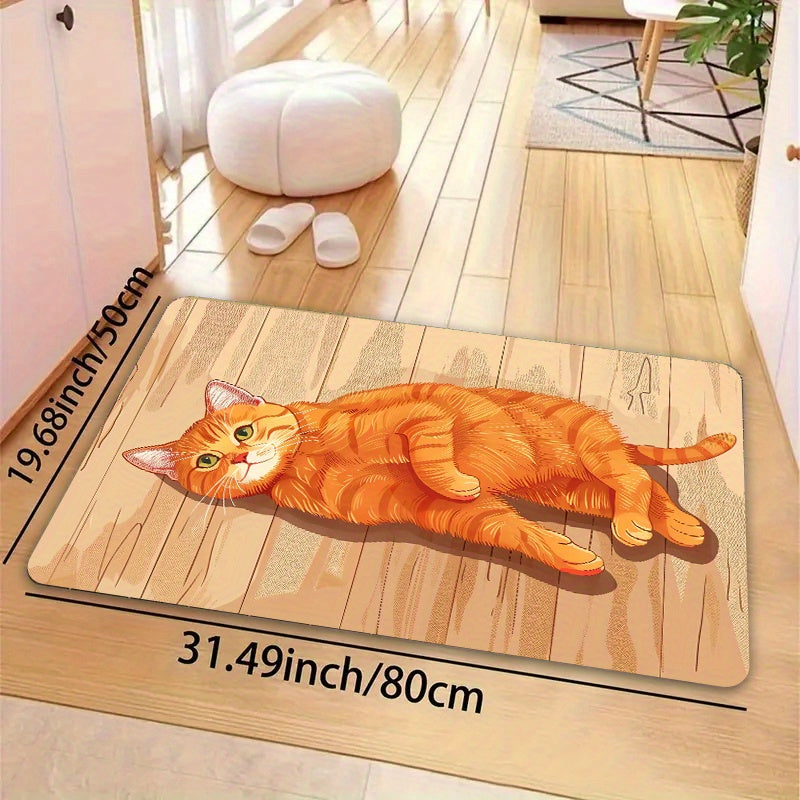 Rectangular Orange Cat Floor Mat, Machine Washable, Entryway Kitchen Living Room