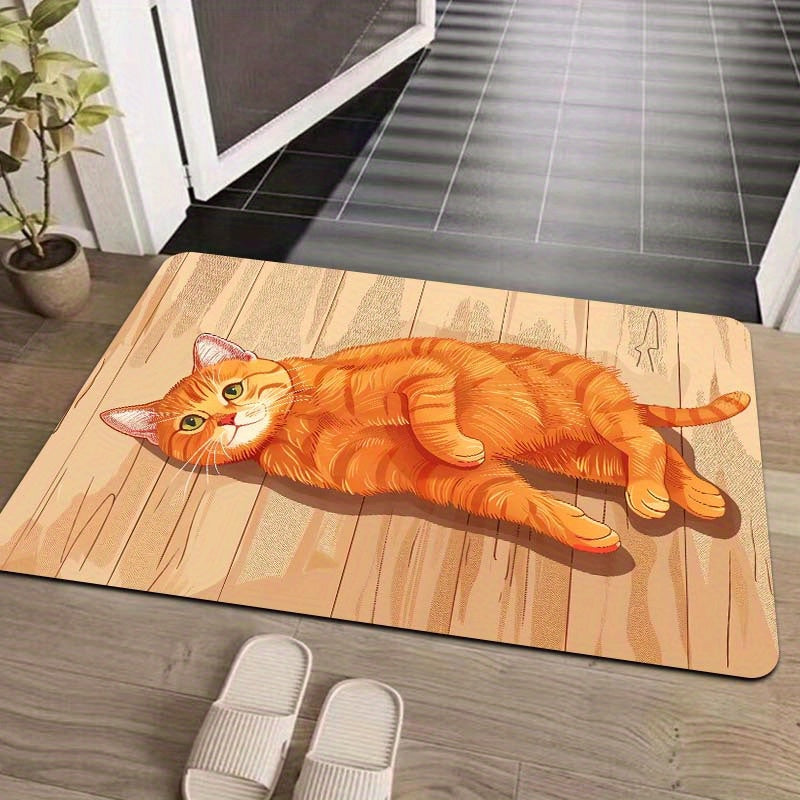 Rectangular Orange Cat Floor Mat, Machine Washable, Entryway Kitchen Living Room