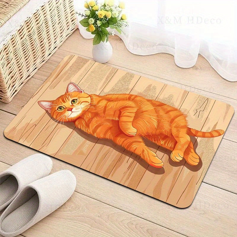 Rectangular Orange Cat Floor Mat, Machine Washable, Entryway Kitchen Living Room