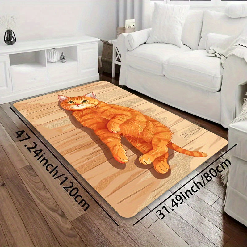 Rectangular Orange Cat Floor Mat, Machine Washable, Entryway Kitchen Living Room