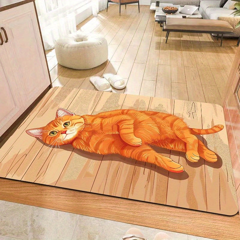 Rectangular Orange Cat Floor Mat, Machine Washable, Entryway Kitchen Living Room
