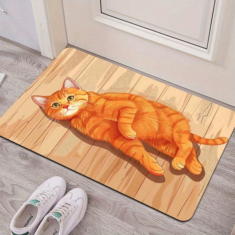 Rectangular Orange Cat Floor Mat, Machine Washable, Entryway Kitchen Living Room