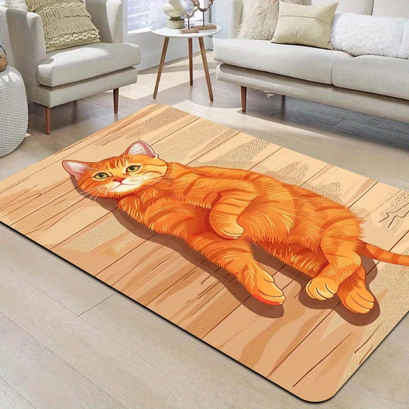 Rectangular Orange Cat Floor Mat, Machine Washable, Entryway Kitchen Living Room