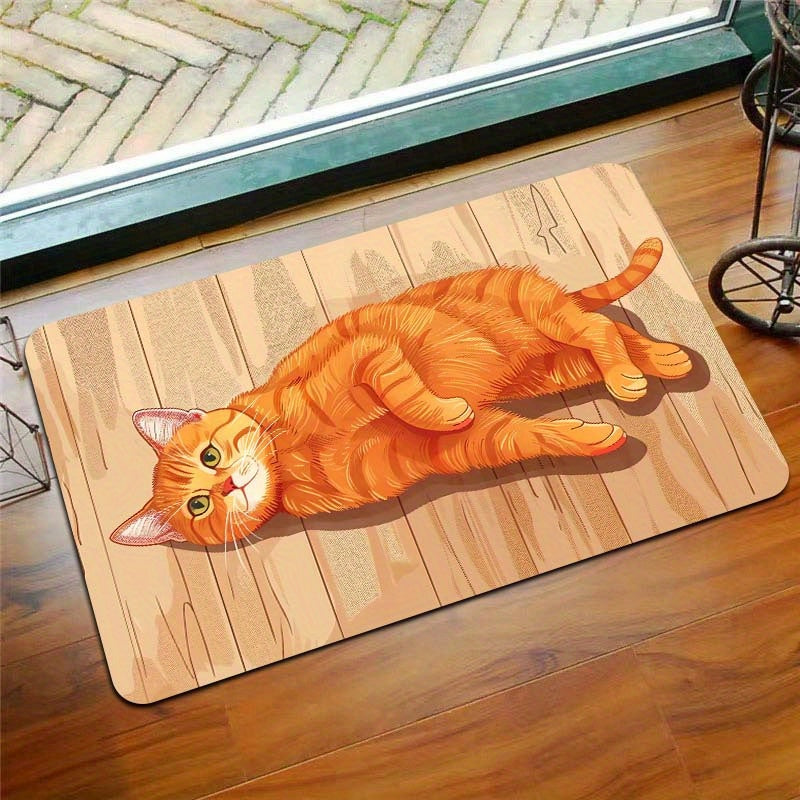 Rectangular Orange Cat Floor Mat, Machine Washable, Entryway Kitchen Living Room