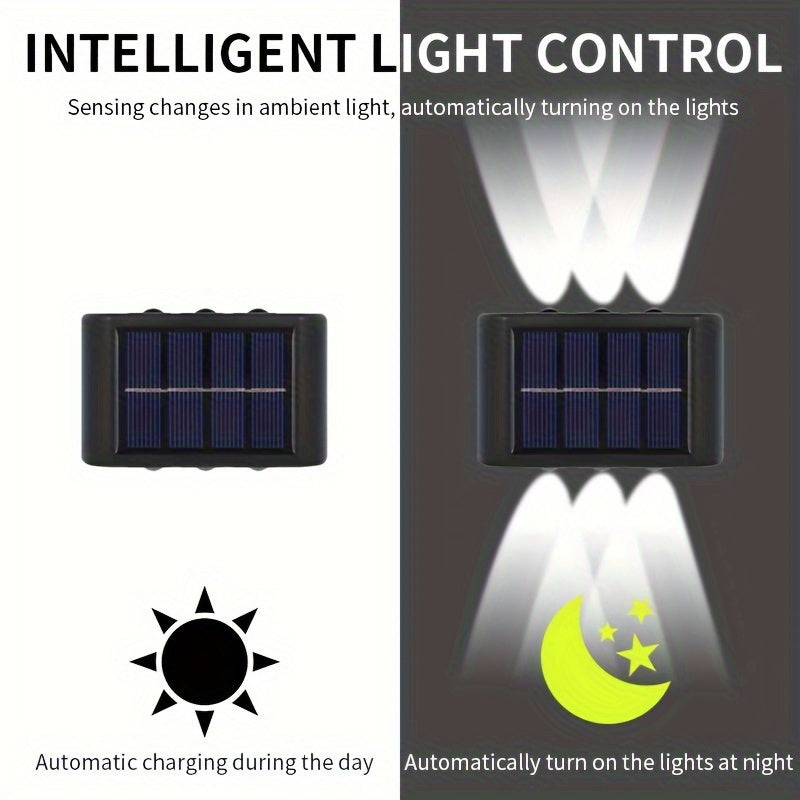 Lámparas solares de pared para exteriores, pack de 2, 6LED, doble color, cálido y frío, control de luz inteligente, jardín, patio, calle, paisaje