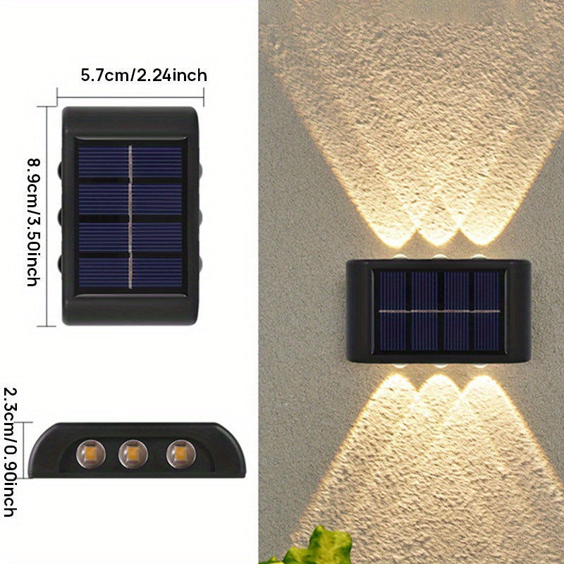 Lámparas solares de pared para exteriores, pack de 2, 6LED, doble color, cálido y frío, control de luz inteligente, jardín, patio, calle, paisaje