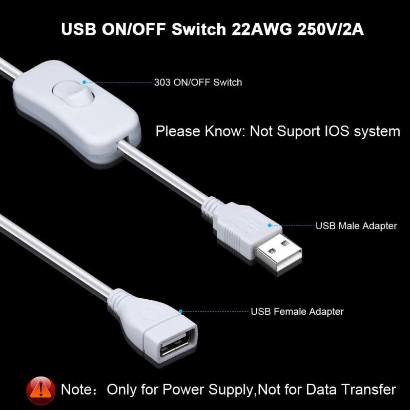 Bir nechta qurilmalar, masalan, haydash yozuvchisi, LED stol lampasi, USB ventilyatori va LED lenta uchun yoqish/o'chirish tugmasi bilan USB kabel.