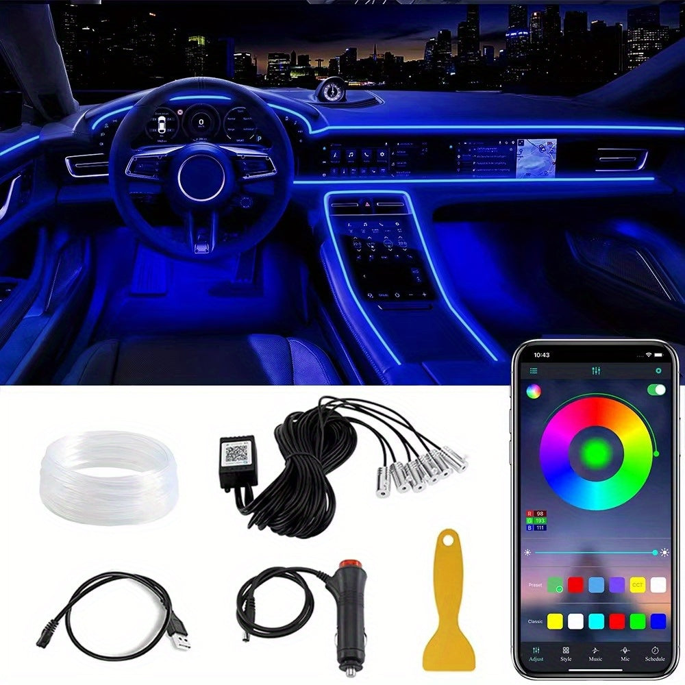 Tira de luces LED de fibra óptica para interior de coche de 8m RGB sincronización con música, control por APP