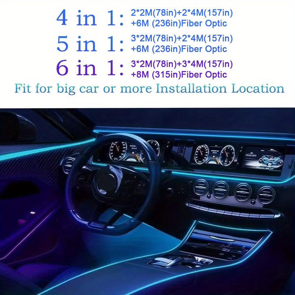 Tira de luces LED de fibra óptica para interior de coche de 8m RGB sincronización con música, control por APP