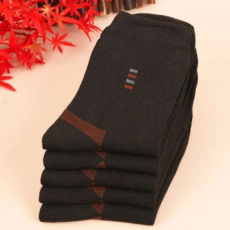 Men's Black Long Socks 5 Pairs Casual Mid-Calf Knit Polyester Cotton Spandex