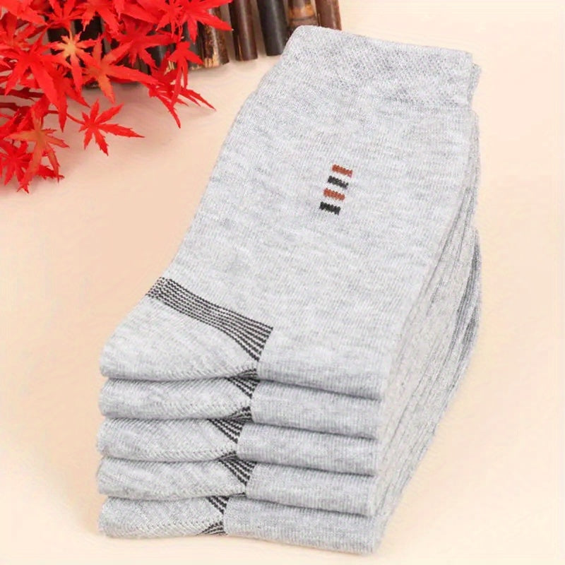 Men's Black Long Socks 5 Pairs Casual Mid-Calf Knit Polyester Cotton Spandex