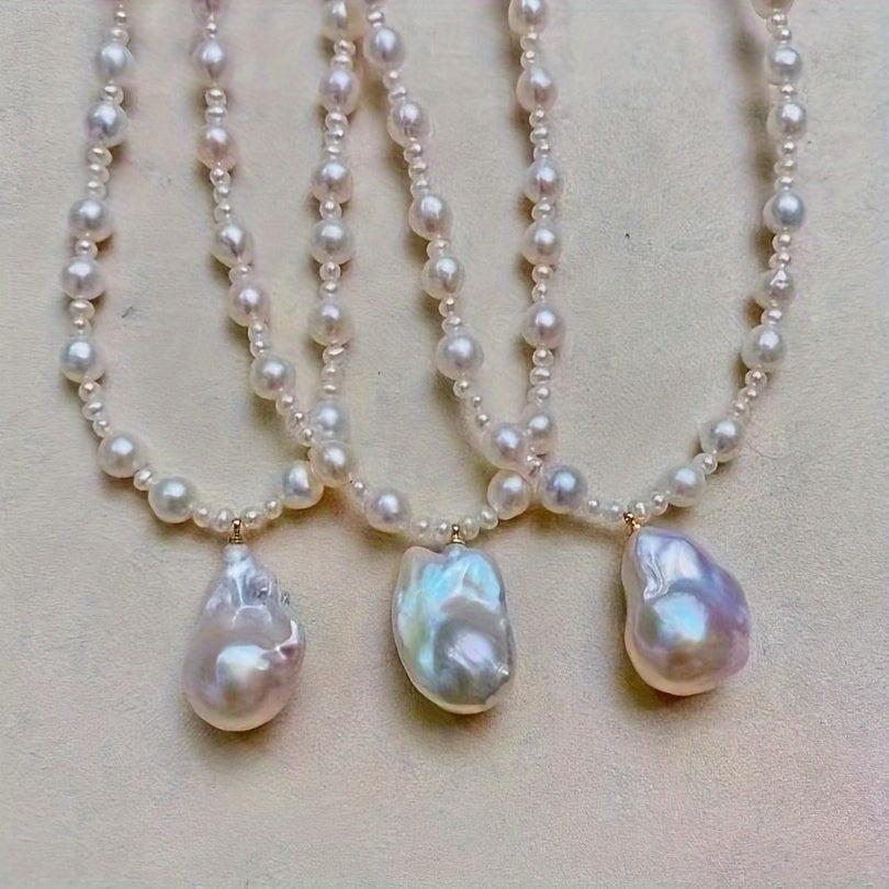 Unisex Freshwater Pearl Necklace with OT Clasp Baroque Pendant for Daily Wear and Special Occasions