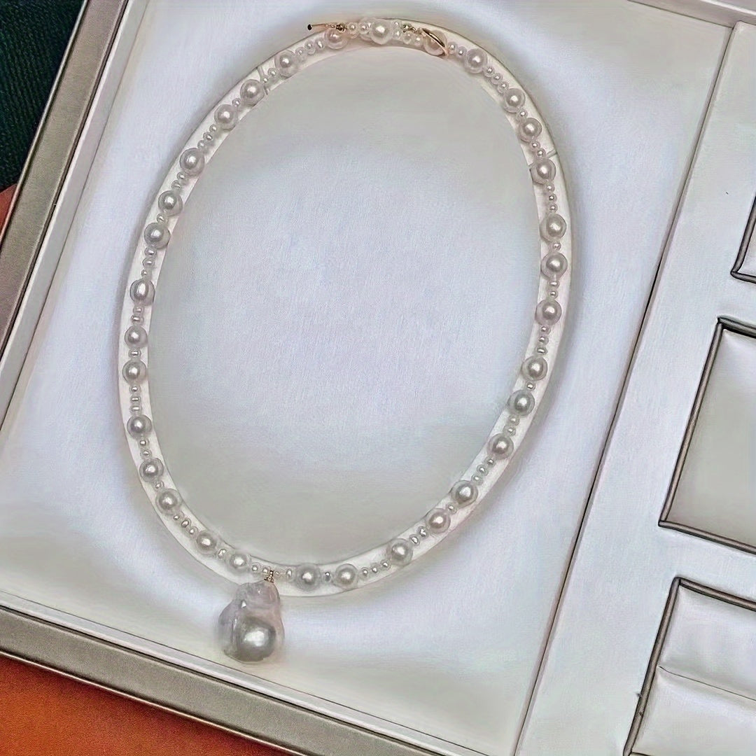 Unisex Freshwater Pearl Necklace with OT Clasp Baroque Pendant for Daily Wear and Special Occasions