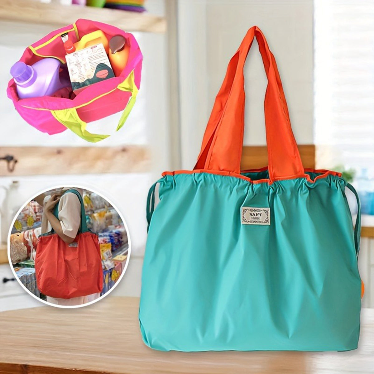 Yuqori sifatli qayta ishlatiladigan xarid sumkasi, yuviladigan cho'ntak, katta sig'im va egiluvchan dizayn, oshxona va ovqatlanish ta'minotlari xaridi uchun mukammal, olib yurish uchun qulay va portativ, ekologik toza va mustahkam xarid sumkasi.