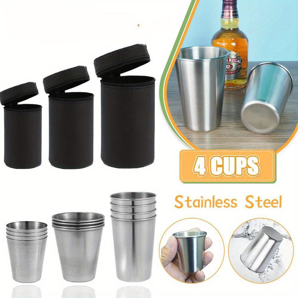 Set of 4 Stainless Steel Shot Glasses with Carrying Case 30ml 70ml 170ml for Camping