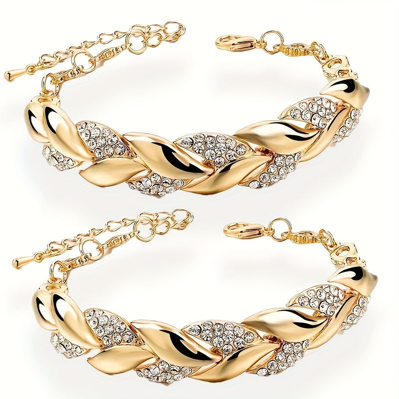 Elegant Leaf-Shaped Rhinestone Bracelet Set with Gold-Tone Alloy for Daily Wear and Gifting