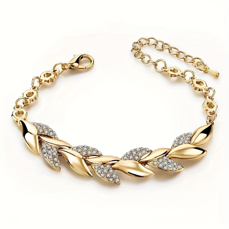 Elegant Leaf-Shaped Rhinestone Bracelet Set with Gold-Tone Alloy for Daily Wear and Gifting