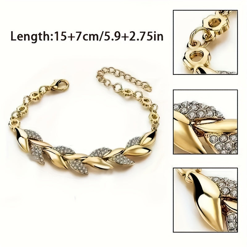 Elegant Leaf-Shaped Rhinestone Bracelet Set with Gold-Tone Alloy for Daily Wear and Gifting