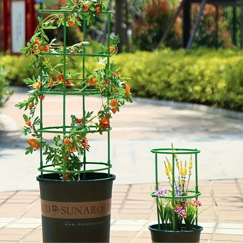 60 Green Plastic Flower Pot Stakes with Stackable Support Rings and Hooks for Outdoor Gardening