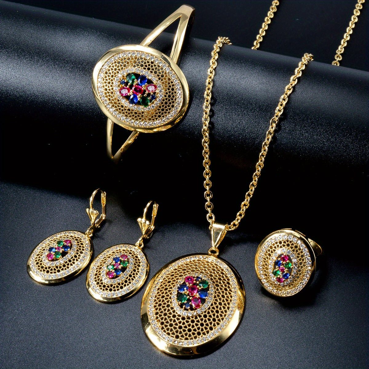 Copper Jewelry Set with Multicolor Zirconia Necklace Earrings Ring for Valentine's Day Weddings Parties