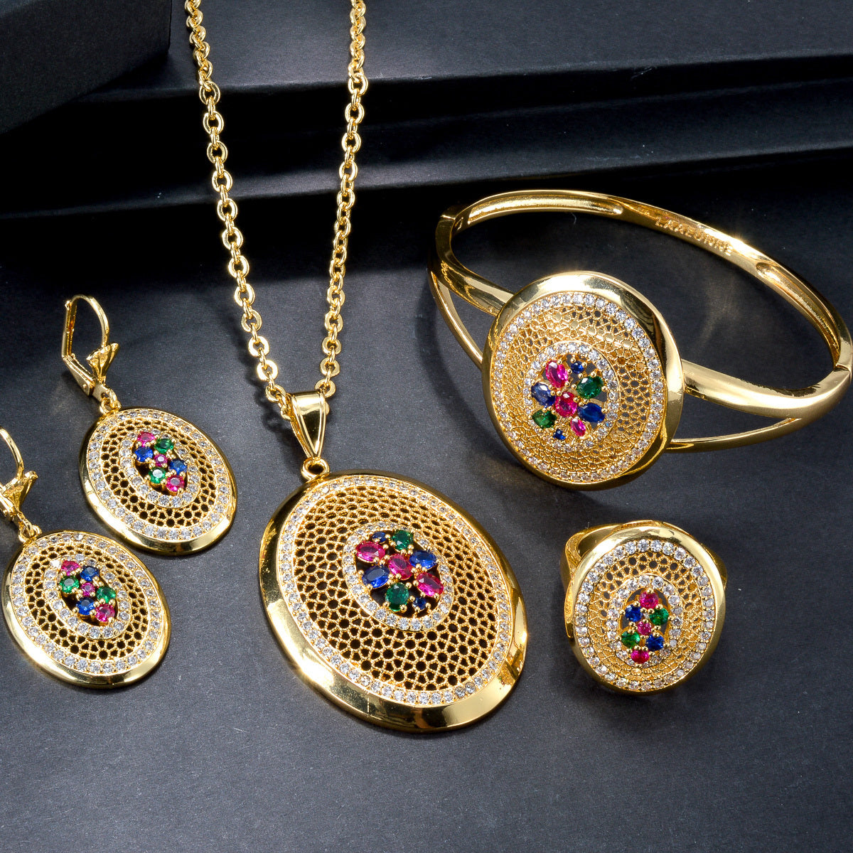 Copper Jewelry Set with Multicolor Zirconia Necklace Earrings Ring for Valentine's Day Weddings Parties