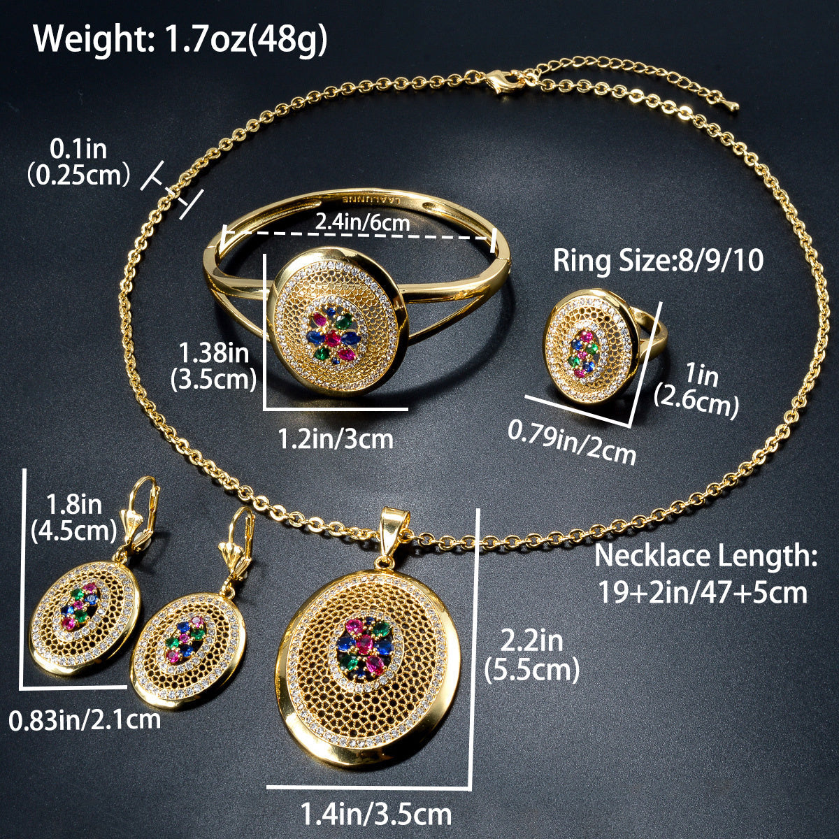 Copper Jewelry Set with Multicolor Zirconia Necklace Earrings Ring for Valentine's Day Weddings Parties