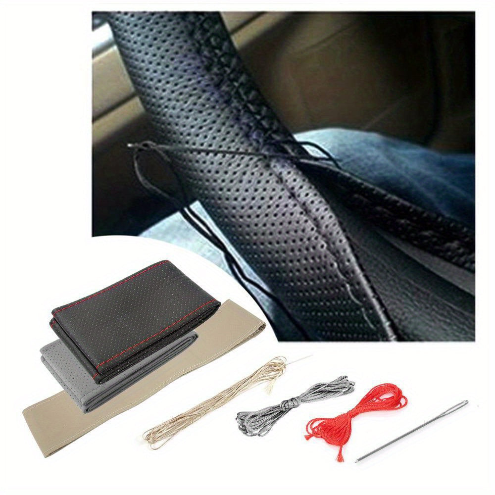 Car Steering Wheel Cover PU Leather DIY Sewing Kit Black Red Stitching