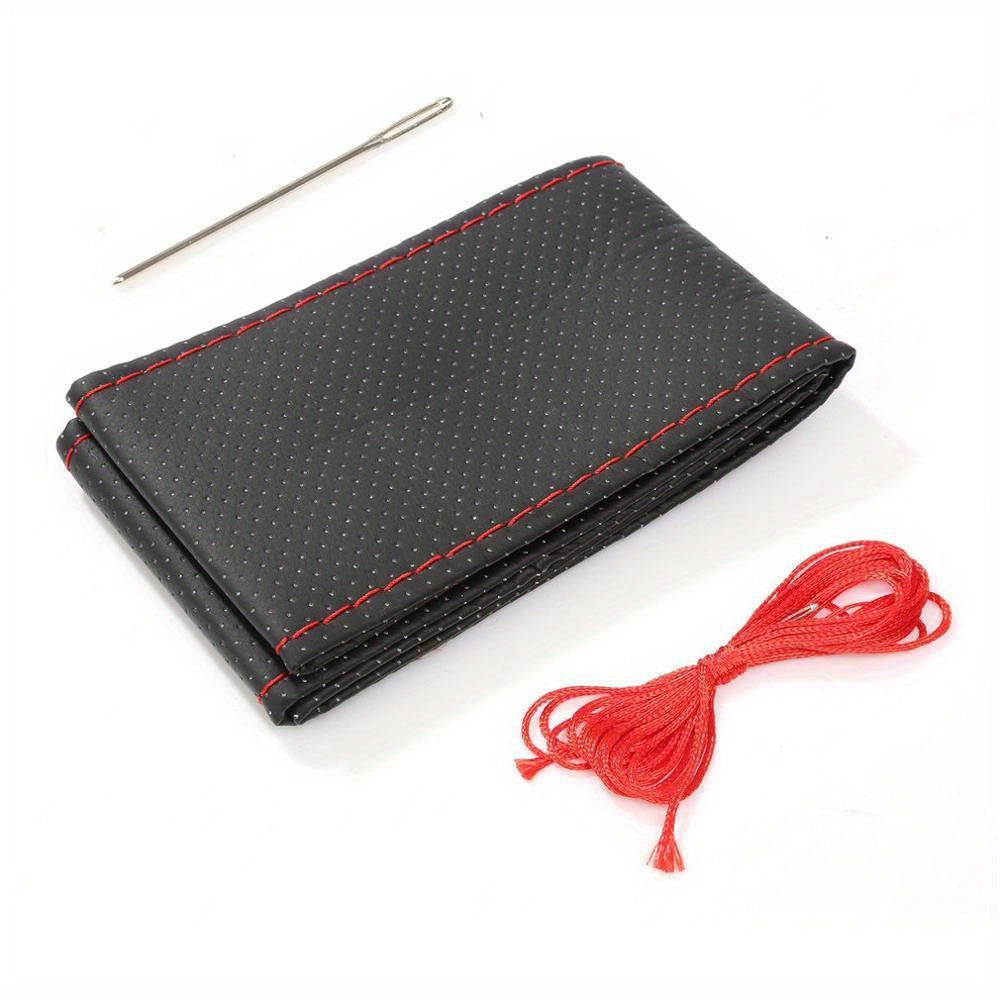 Car Steering Wheel Cover PU Leather DIY Sewing Kit Black Red Stitching