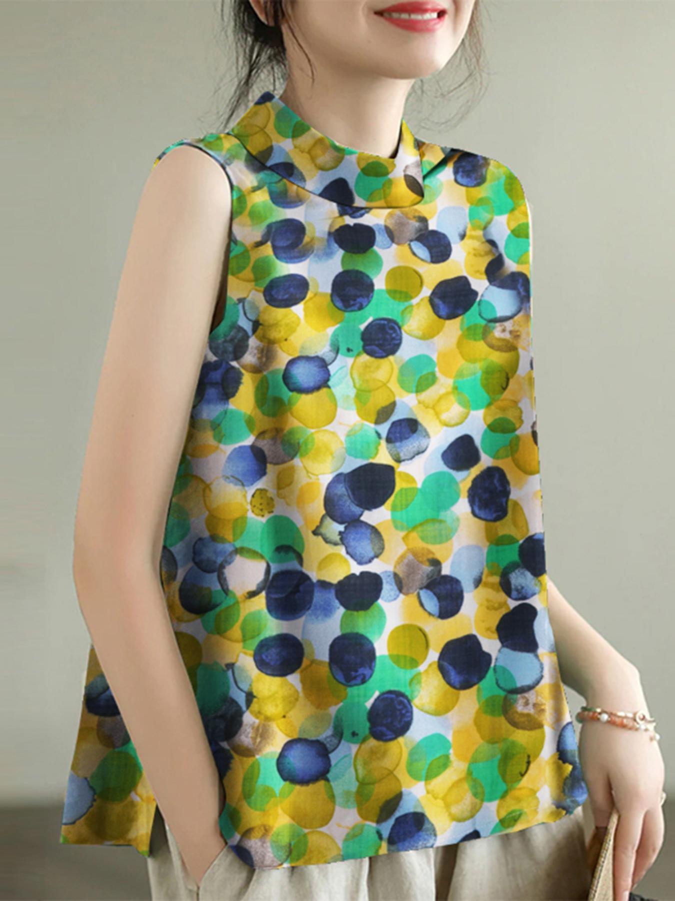 Plus Size Sleeveless Print Mock Neck Tank Top Casual Loose Summer Women's Clothing