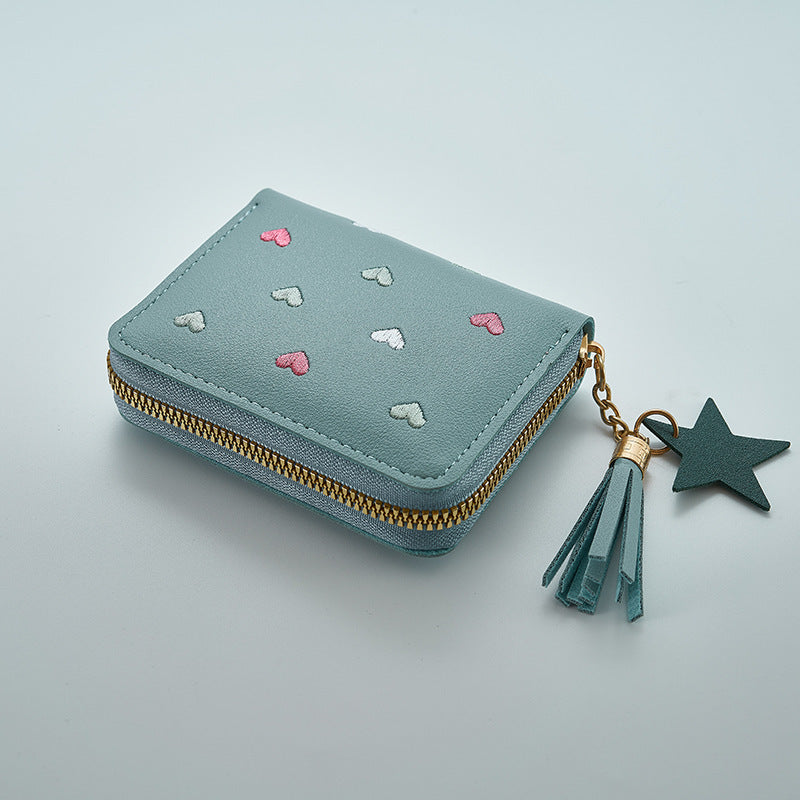 Women Embroidered Faux Leather Wallet with Heart and Star Tassels Zip Around Coin Purse Clutch Black