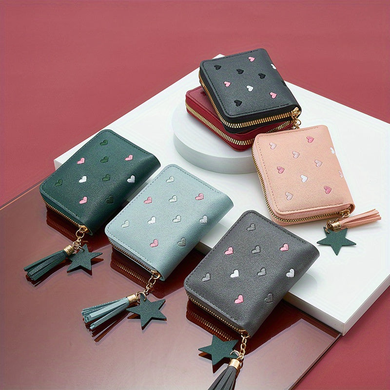 Women Embroidered Faux Leather Wallet with Heart and Star Tassels Zip Around Coin Purse Clutch Black