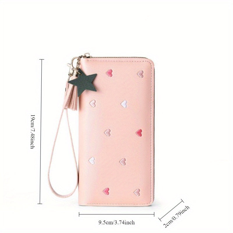 Women Embroidered Faux Leather Wallet with Heart and Star Tassels Zip Around Coin Purse Clutch Black