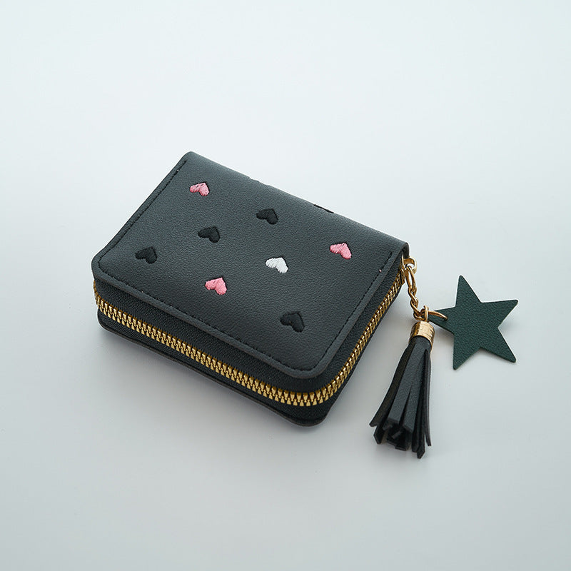 Women Embroidered Faux Leather Wallet with Heart and Star Tassels Zip Around Coin Purse Clutch Black