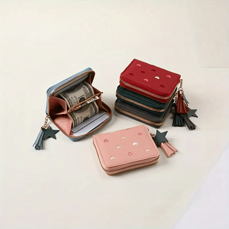 Women Embroidered Faux Leather Wallet with Heart and Star Tassels Zip Around Coin Purse Clutch Black