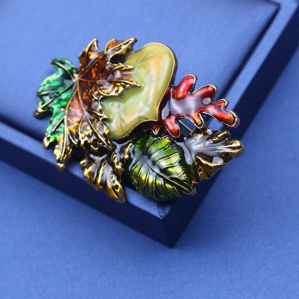 Antique-Style Enamel Leaf Brooch Pin Vintage Jewelry for Women Dark Tones
