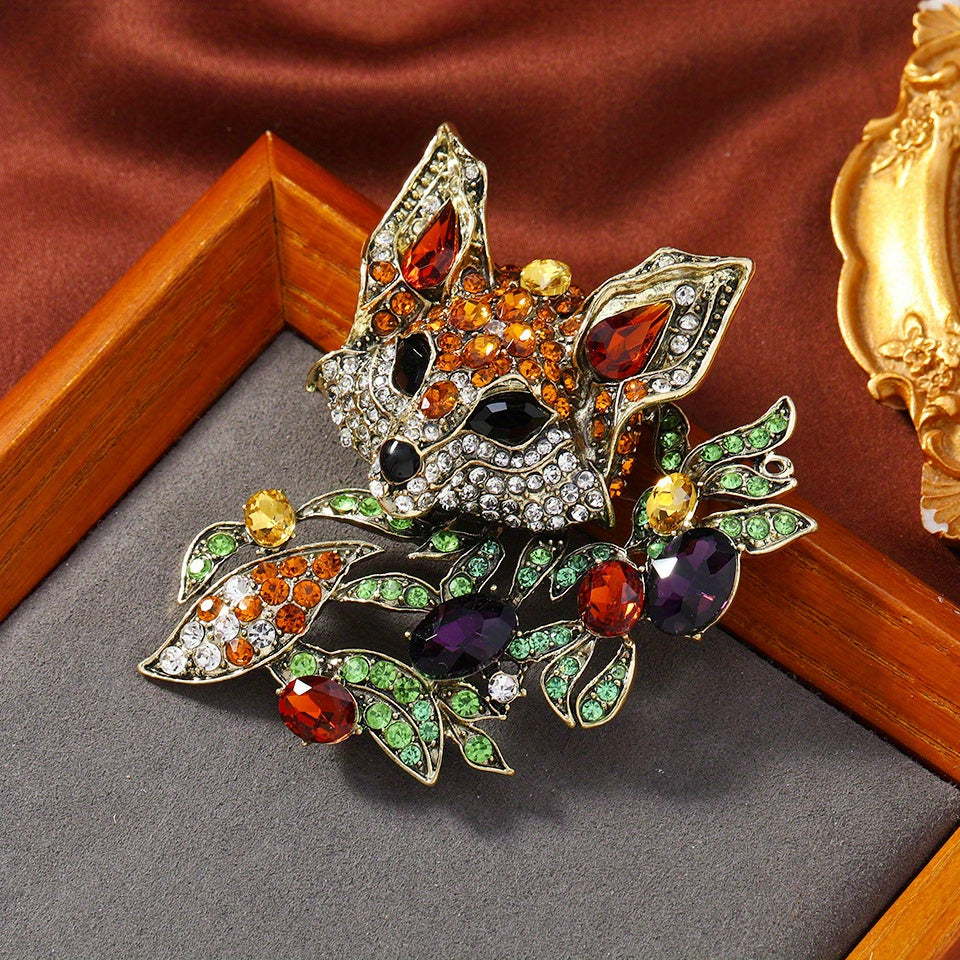 Retro Fox Brooch with Rhinestones Animal Accessory for Blazers and Outerwear