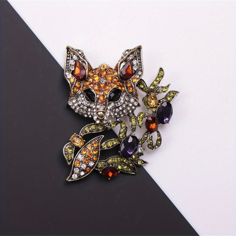 Retro Fox Brooch with Rhinestones Animal Accessory for Blazers and Outerwear