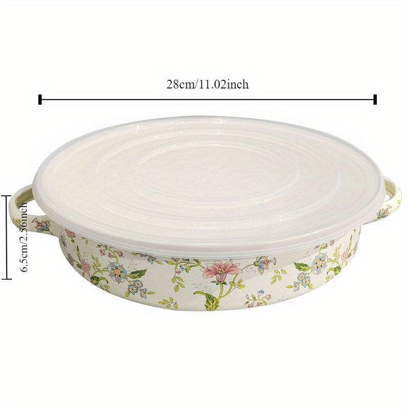 Enamel Baking Pan 27.94cm with Dual Handles and Plastic Lid for Cooking and Serving