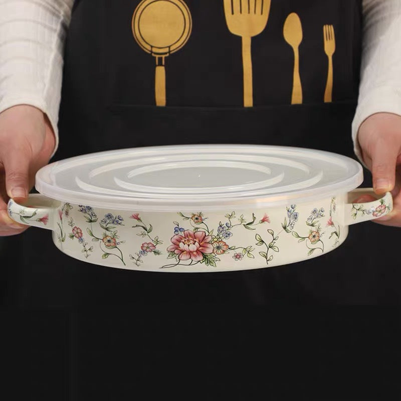 Enamel Baking Pan 27.94cm with Dual Handles and Plastic Lid for Cooking and Serving