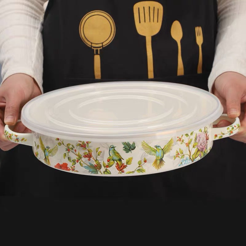 Enamel Baking Pan 27.94cm with Dual Handles and Plastic Lid for Cooking and Serving